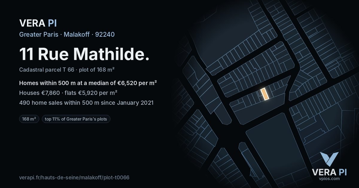 11 Rue Mathilde, Malakoff at night – the plot lit, the parcels around coloured by the prices near them