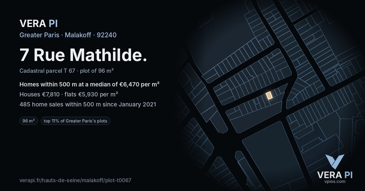 7 Rue Mathilde, Malakoff at night – the plot lit, the parcels around coloured by the prices near them