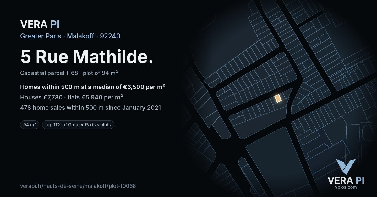 5 Rue Mathilde, Malakoff at night – the plot lit, the parcels around coloured by the prices near them
