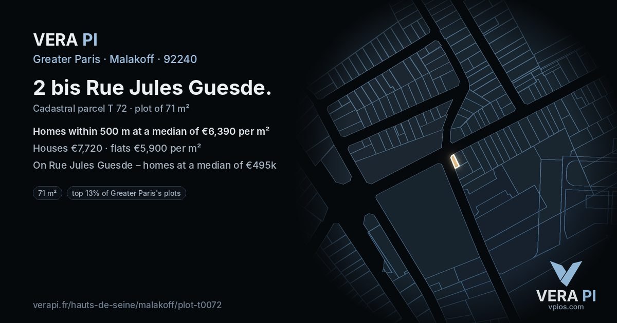 2 bis Rue Jules Guesde, Malakoff at night – the plot lit, the parcels around coloured by the prices near them