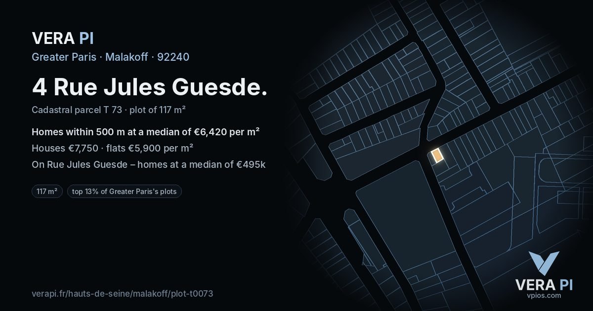 4 Rue Jules Guesde, Malakoff at night – the plot lit, the parcels around coloured by the prices near them