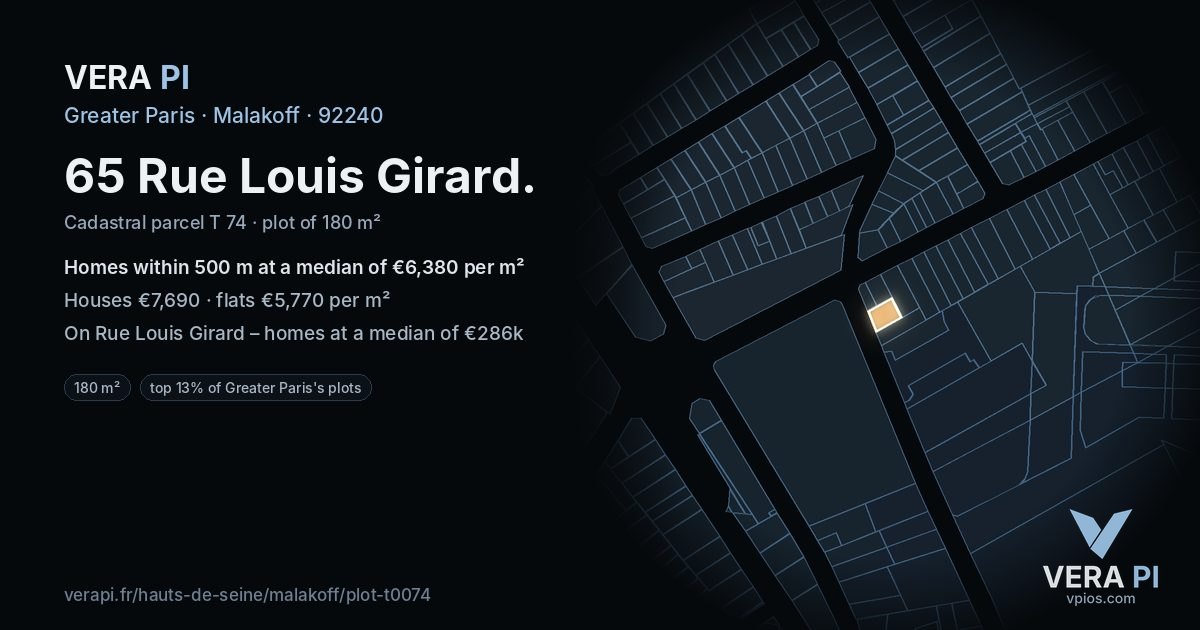 65 Rue Louis Girard, Malakoff at night – the plot lit, the parcels around coloured by the prices near them