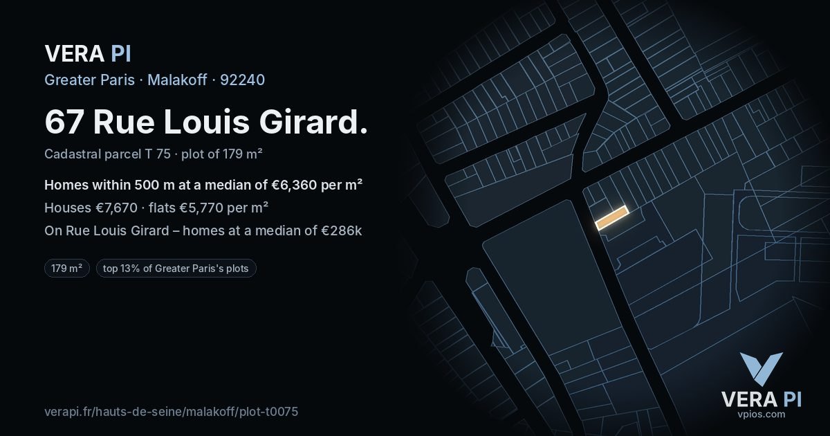 67 Rue Louis Girard, Malakoff at night – the plot lit, the parcels around coloured by the prices near them