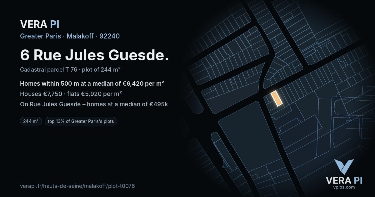 6 Rue Jules Guesde, Malakoff at night – the plot lit, the parcels around coloured by the prices near them