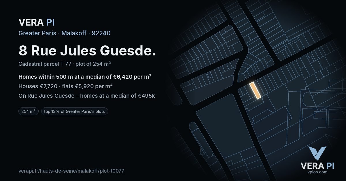 8 Rue Jules Guesde, Malakoff at night – the plot lit, the parcels around coloured by the prices near them