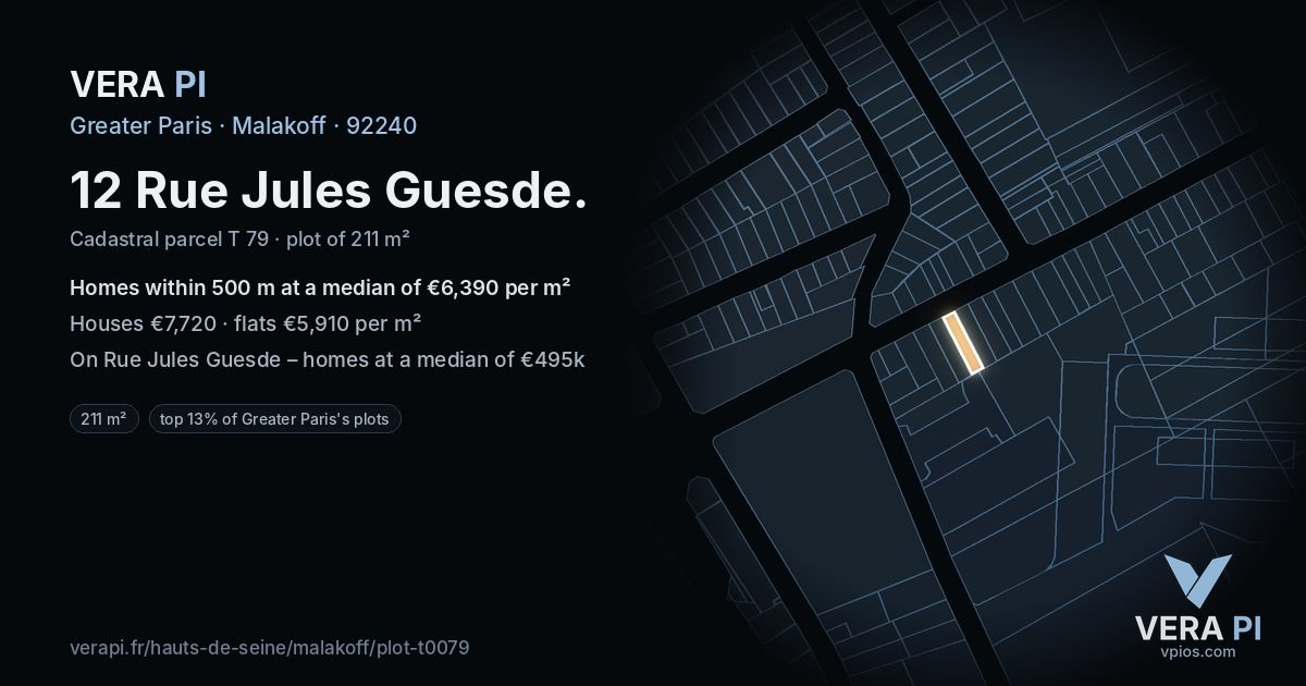 12 Rue Jules Guesde, Malakoff at night – the plot lit, the parcels around coloured by the prices near them