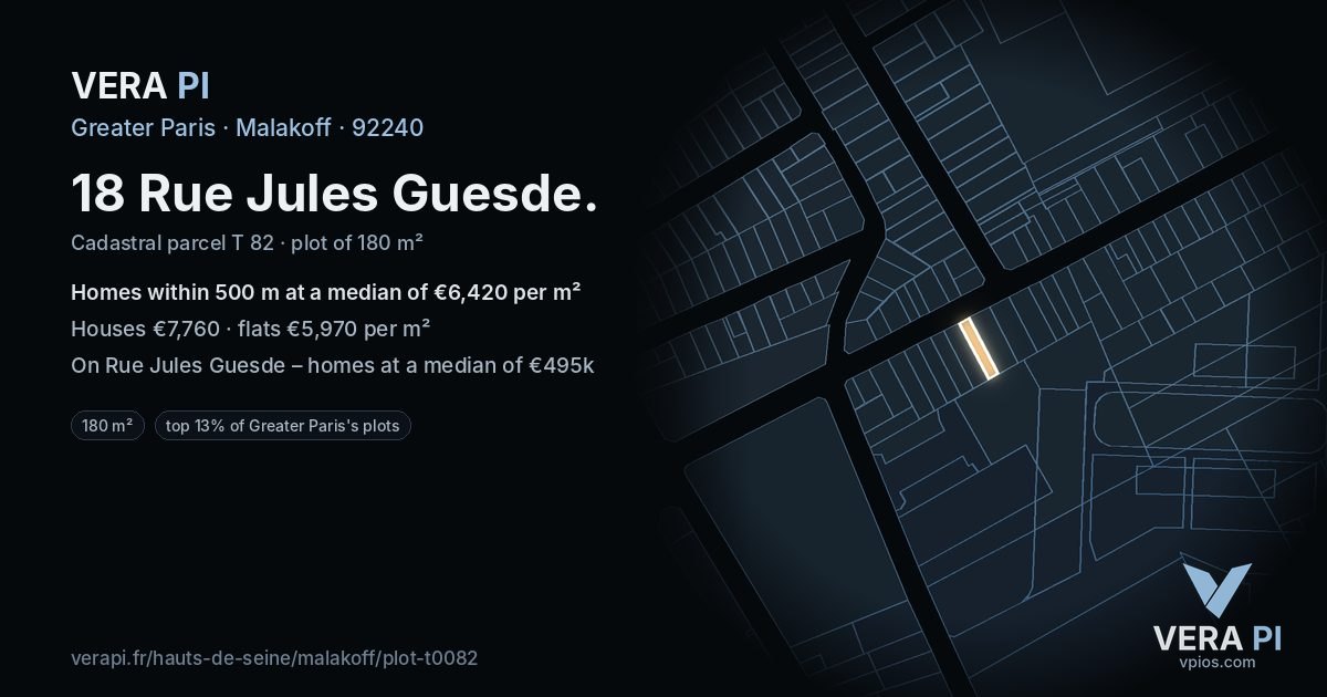 18 Rue Jules Guesde, Malakoff at night – the plot lit, the parcels around coloured by the prices near them