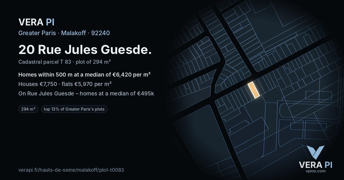 20 Rue Jules Guesde, Malakoff at night – the plot lit, the parcels around coloured by the prices near them