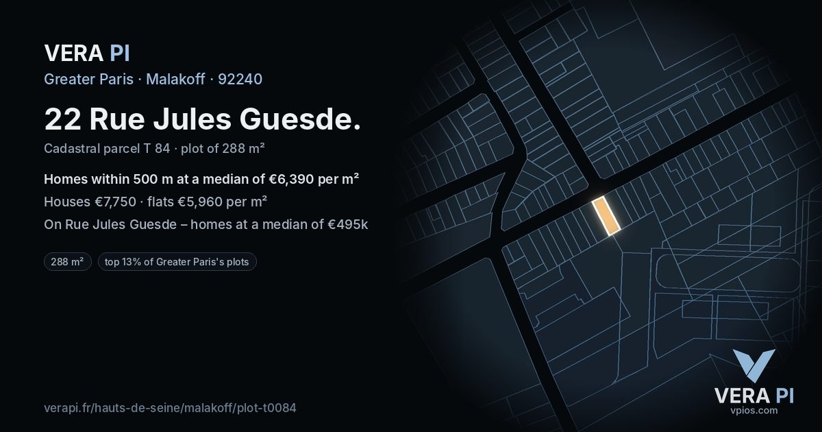 22 Rue Jules Guesde, Malakoff at night – the plot lit, the parcels around coloured by the prices near them