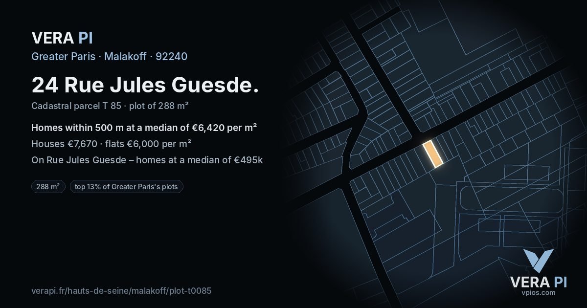24 Rue Jules Guesde, Malakoff at night – the plot lit, the parcels around coloured by the prices near them