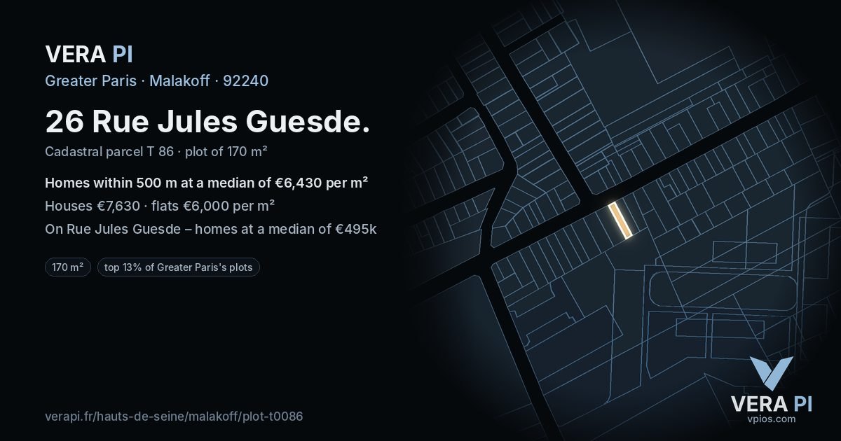 26 Rue Jules Guesde, Malakoff at night – the plot lit, the parcels around coloured by the prices near them