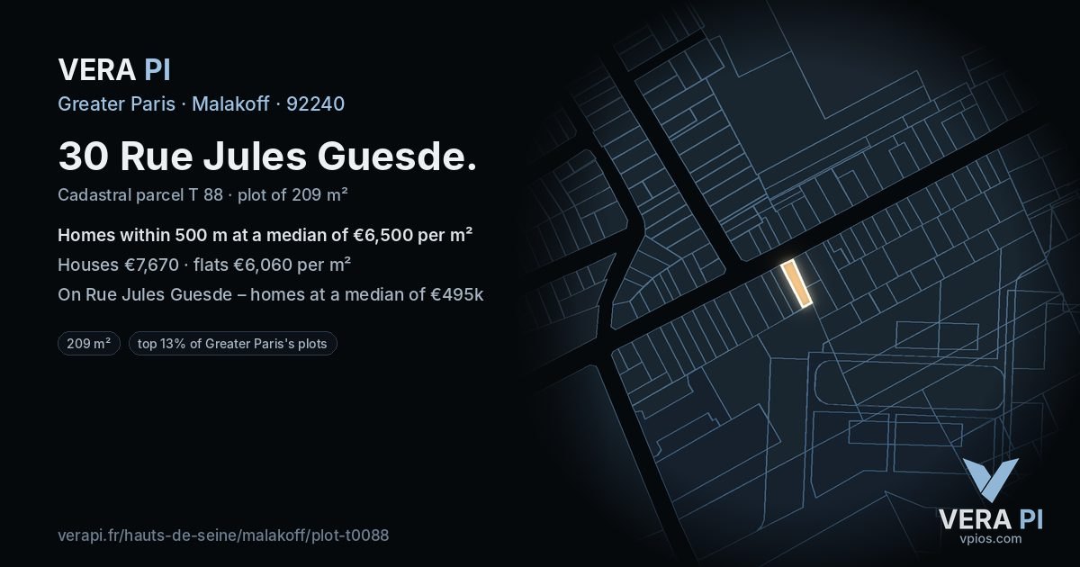 30 Rue Jules Guesde, Malakoff at night – the plot lit, the parcels around coloured by the prices near them