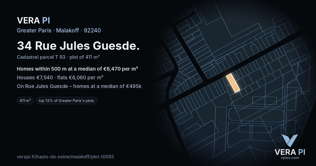 34 Rue Jules Guesde, Malakoff at night – the plot lit, the parcels around coloured by the prices near them