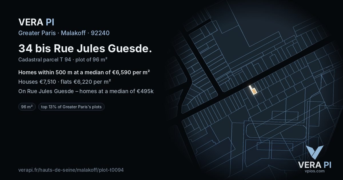 34 bis Rue Jules Guesde, Malakoff at night – the plot lit, the parcels around coloured by the prices near them