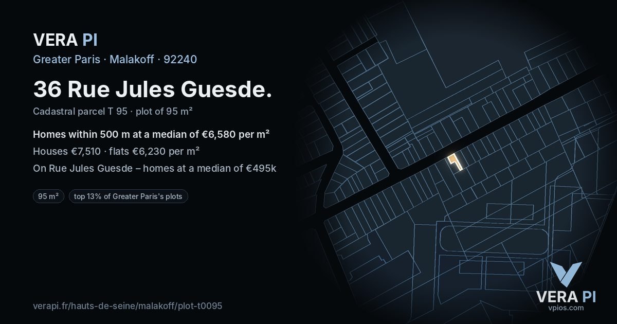 36 Rue Jules Guesde, Malakoff at night – the plot lit, the parcels around coloured by the prices near them