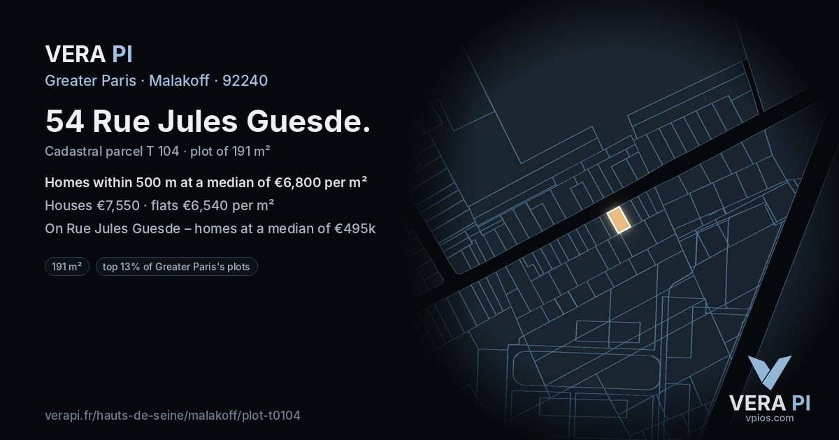 54 Rue Jules Guesde, Malakoff at night – the plot lit, the parcels around coloured by the prices near them