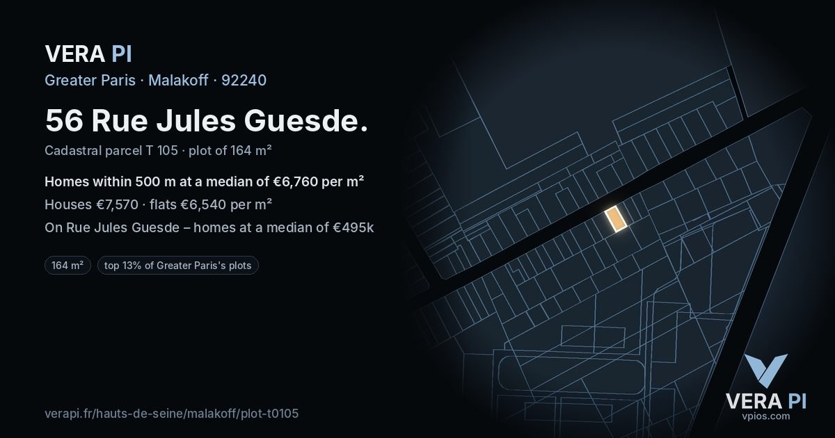 56 Rue Jules Guesde, Malakoff at night – the plot lit, the parcels around coloured by the prices near them