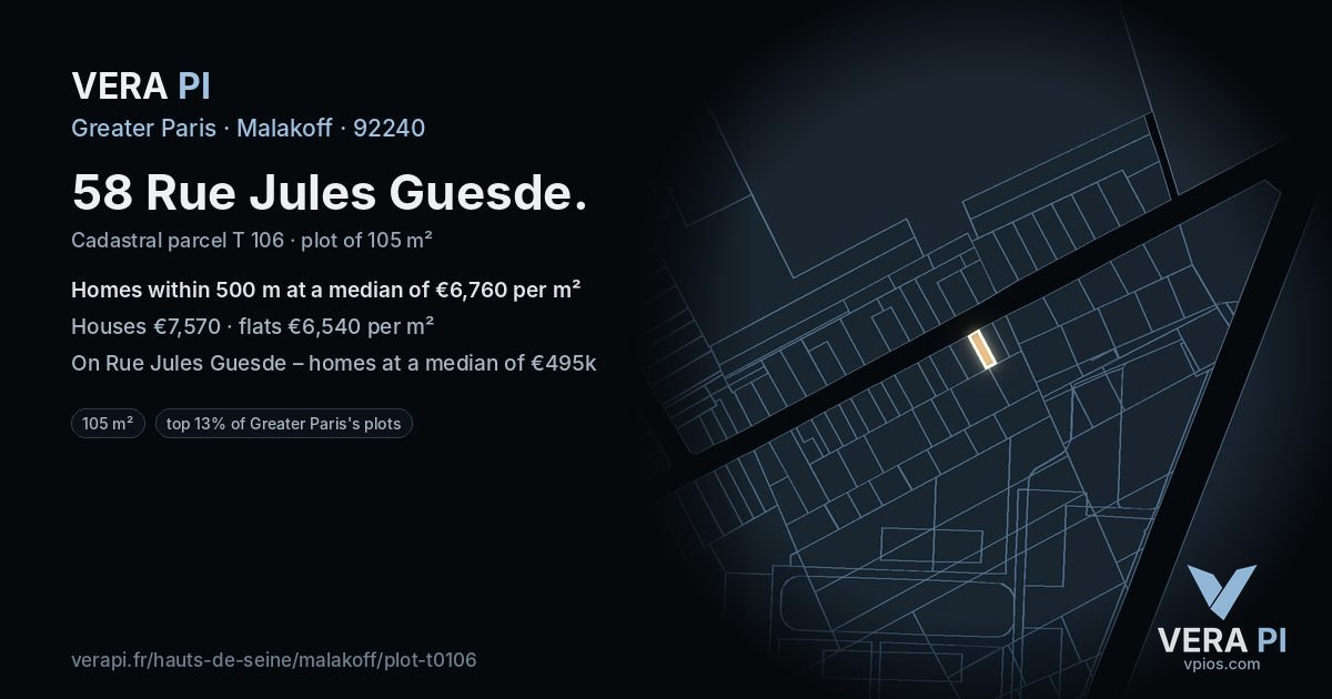 58 Rue Jules Guesde, Malakoff at night – the plot lit, the parcels around coloured by the prices near them