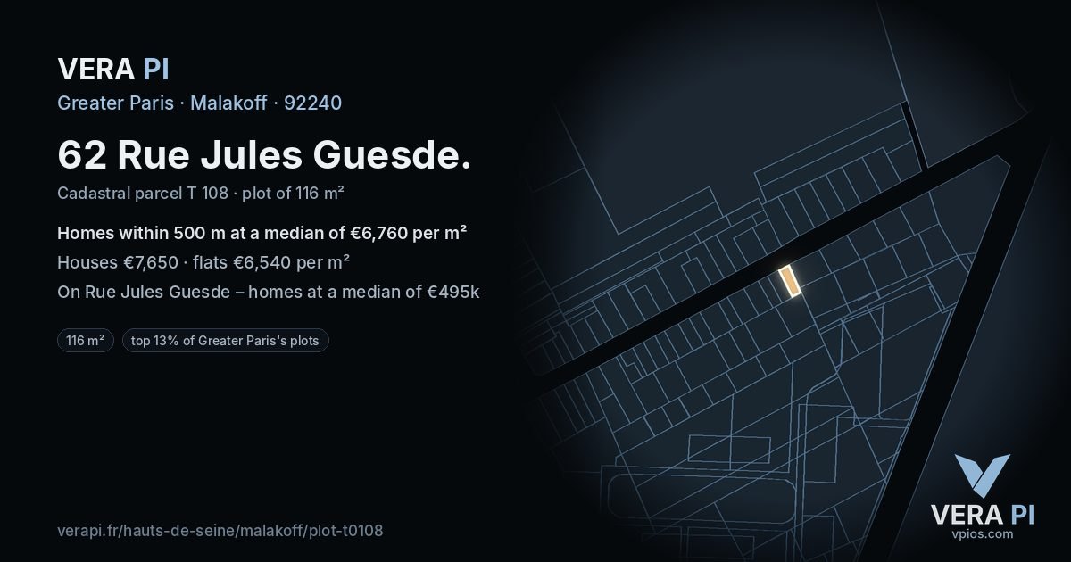 62 Rue Jules Guesde, Malakoff at night – the plot lit, the parcels around coloured by the prices near them