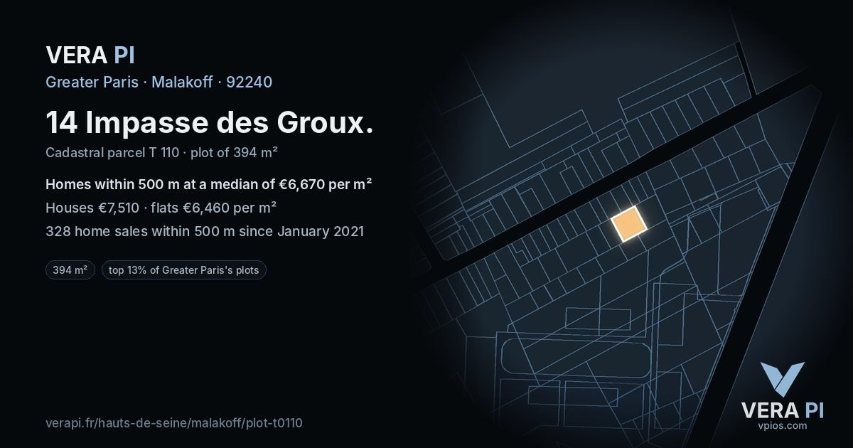 14 Impasse des Groux, Malakoff at night – the plot lit, the parcels around coloured by the prices near them