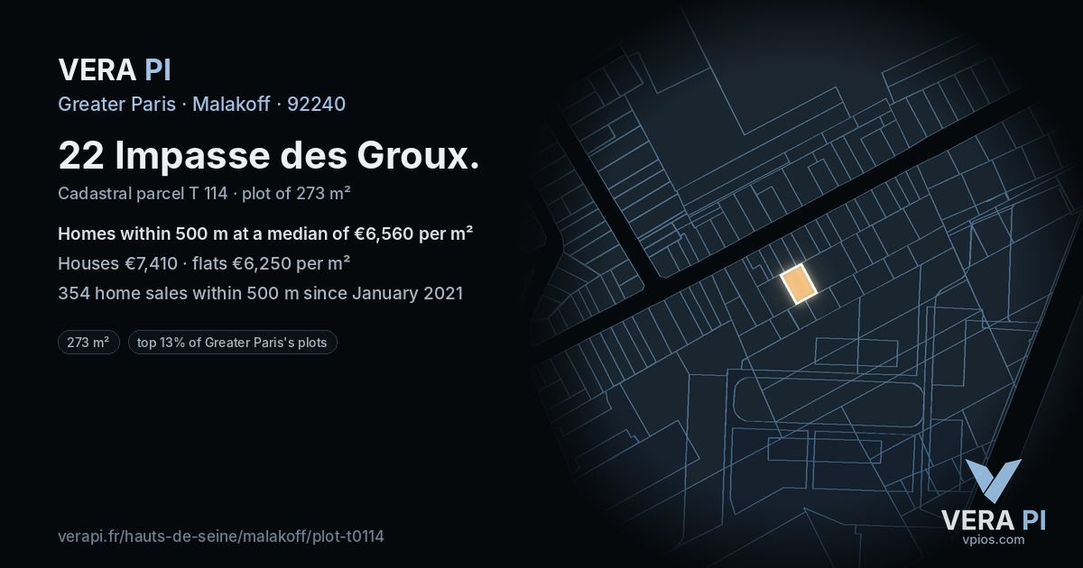 22 Impasse des Groux, Malakoff at night – the plot lit, the parcels around coloured by the prices near them
