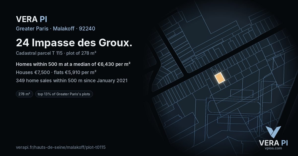 24 Impasse des Groux, Malakoff at night – the plot lit, the parcels around coloured by the prices near them
