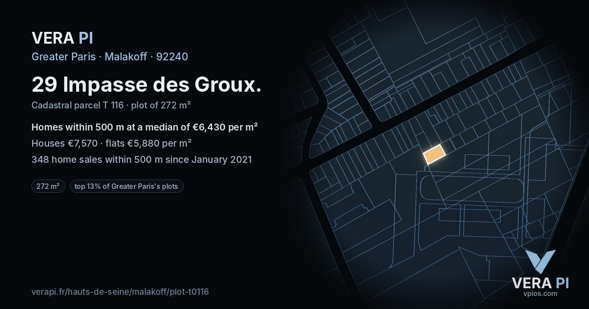 29 Impasse des Groux, Malakoff at night – the plot lit, the parcels around coloured by the prices near them