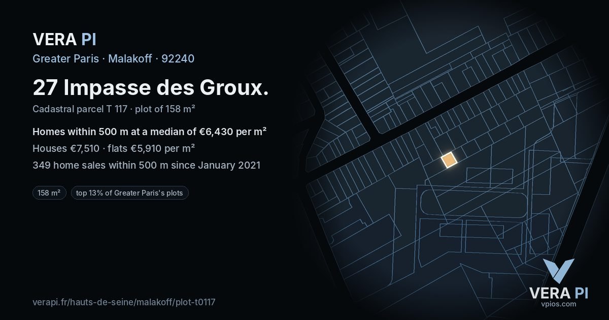 27 Impasse des Groux, Malakoff at night – the plot lit, the parcels around coloured by the prices near them