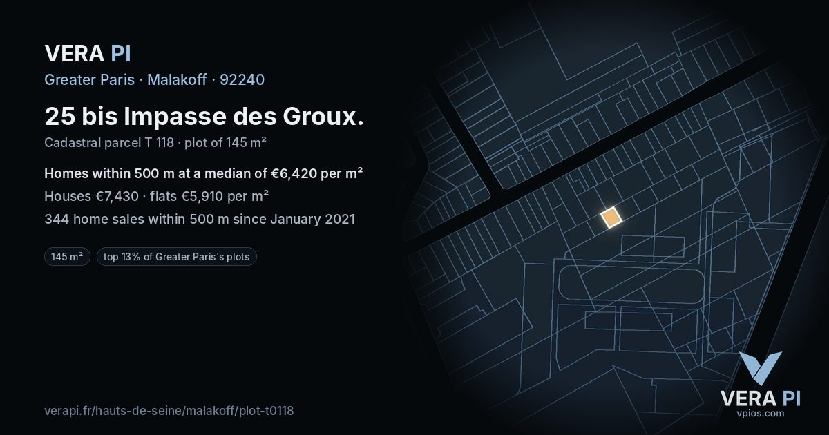 25 bis Impasse des Groux, Malakoff at night – the plot lit, the parcels around coloured by the prices near them
