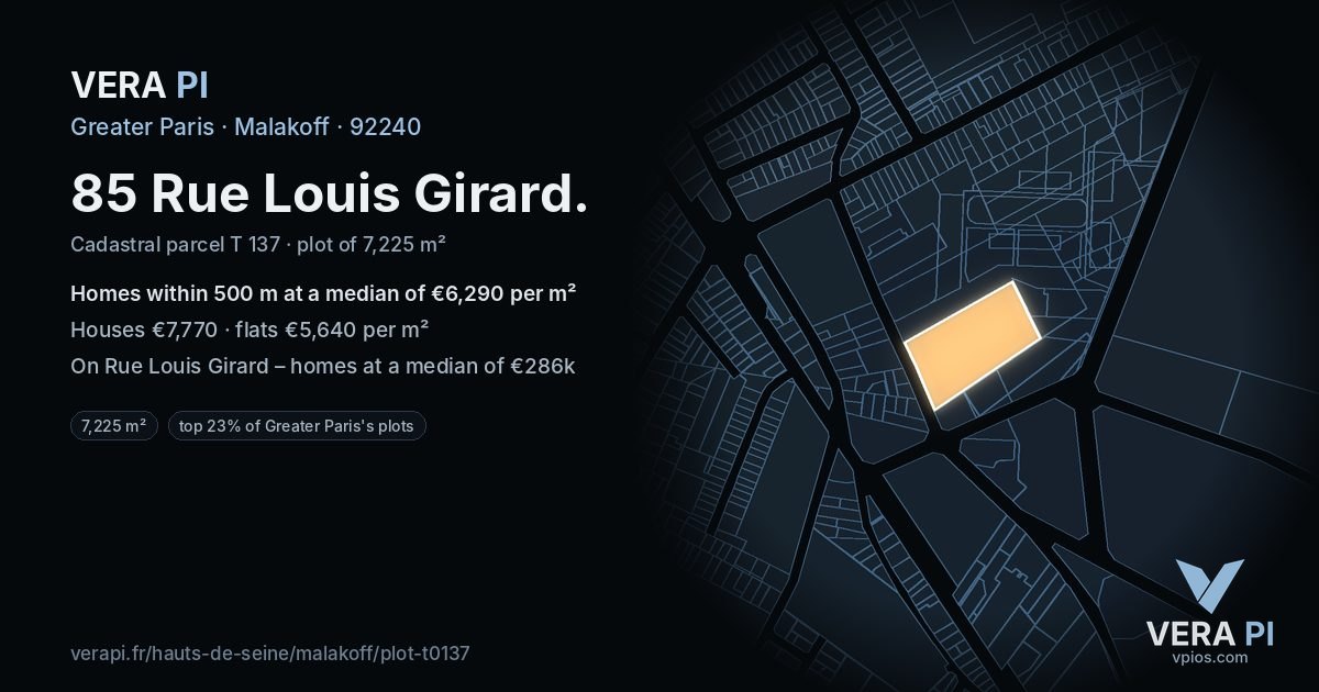 85 Rue Louis Girard, Malakoff at night – the plot lit, the parcels around coloured by the prices near them