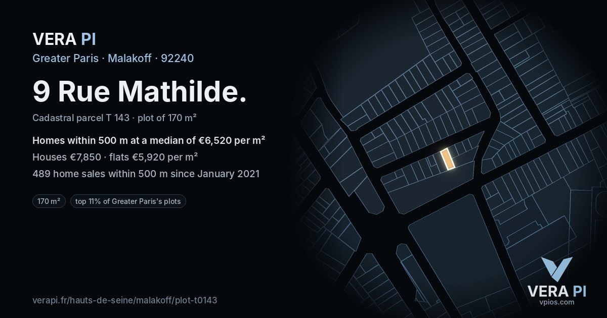 9 Rue Mathilde, Malakoff at night – the plot lit, the parcels around coloured by the prices near them