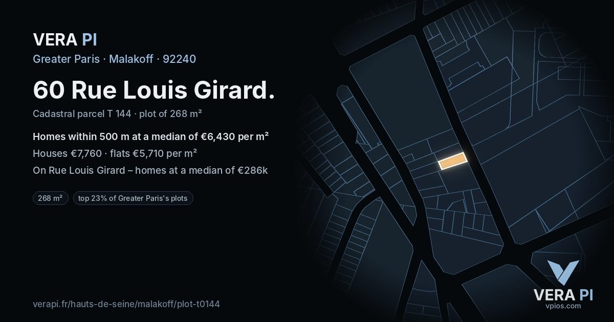 60 Rue Louis Girard, Malakoff at night – the plot lit, the parcels around coloured by the prices near them