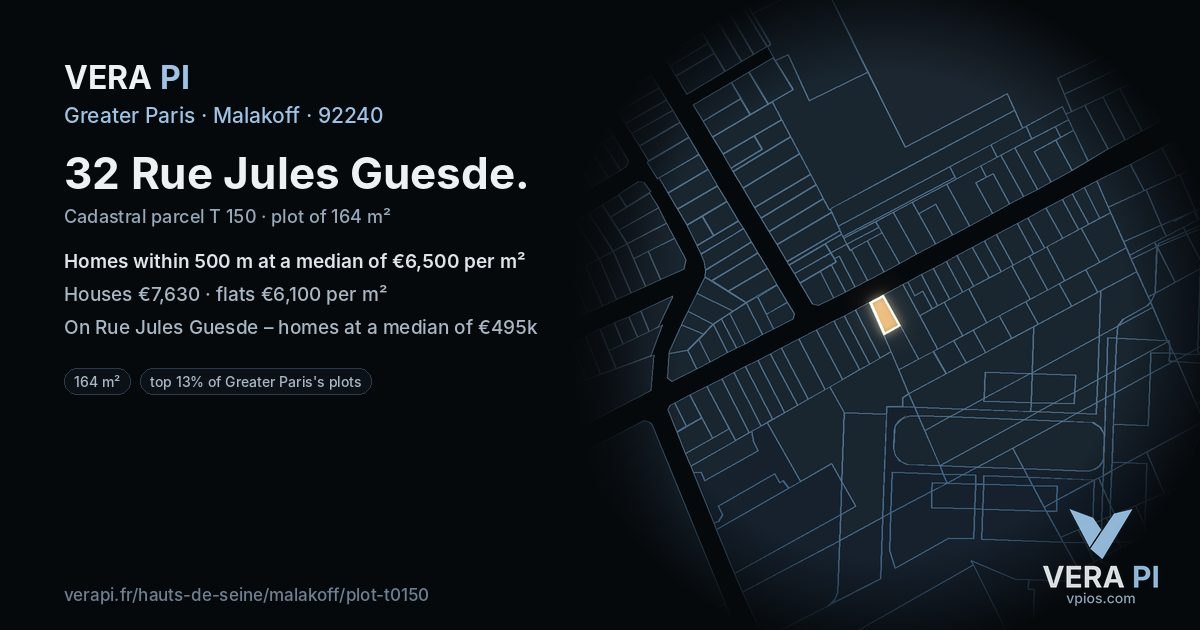 32 Rue Jules Guesde, Malakoff at night – the plot lit, the parcels around coloured by the prices near them