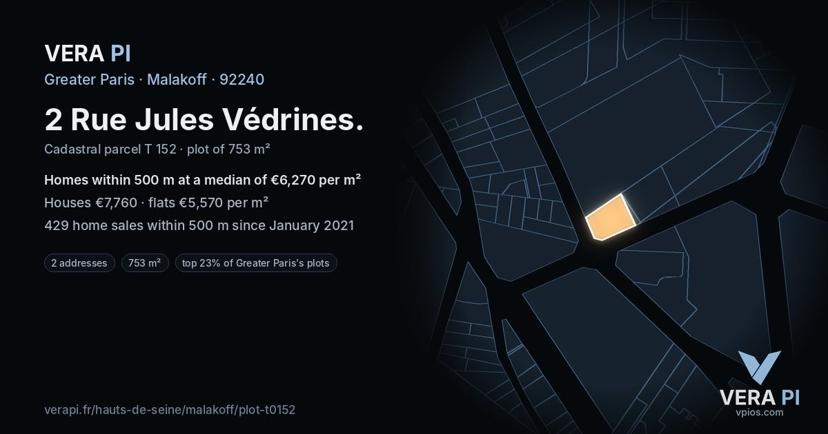 2 Rue Jules Védrines, Malakoff at night – the plot lit, the parcels around coloured by the prices near them