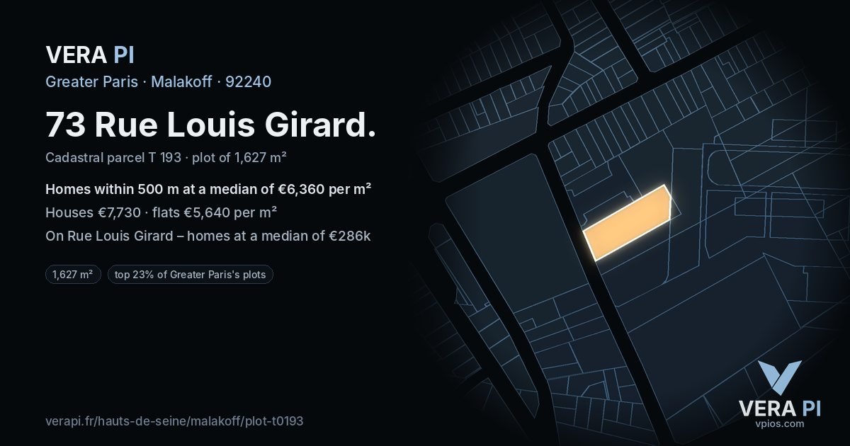 73 Rue Louis Girard, Malakoff at night – the plot lit, the parcels around coloured by the prices near them
