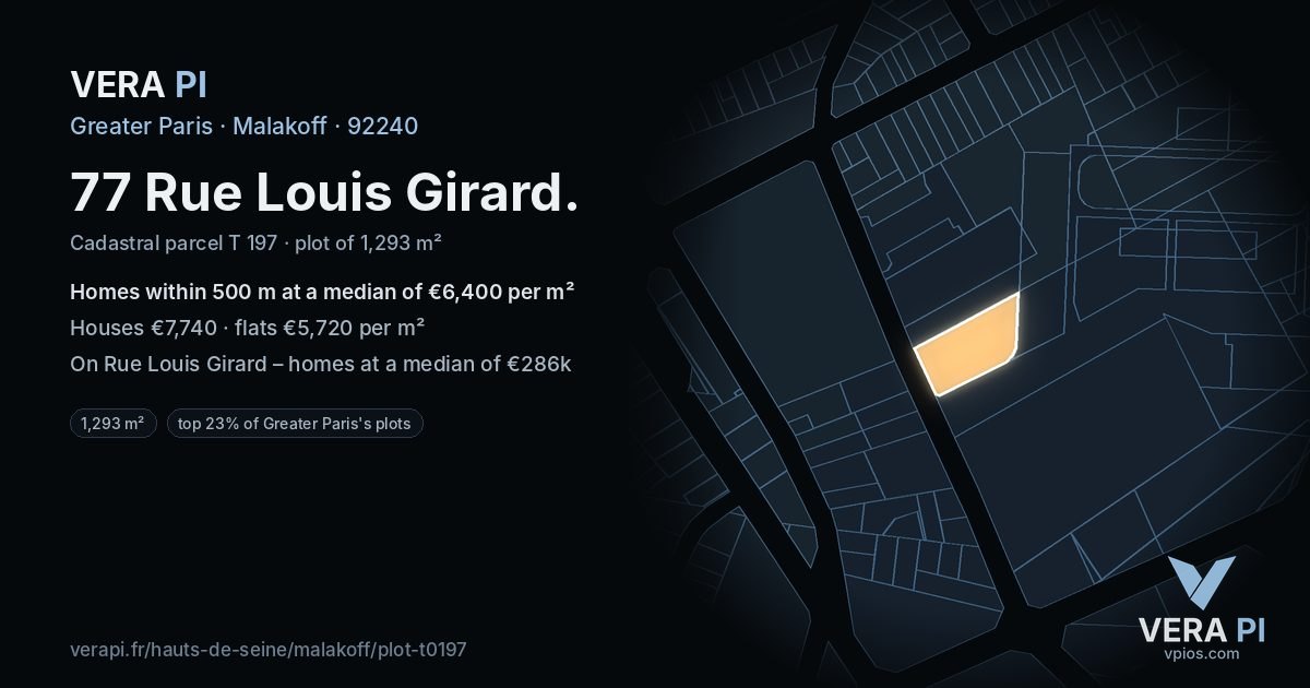 77 Rue Louis Girard, Malakoff at night – the plot lit, the parcels around coloured by the prices near them