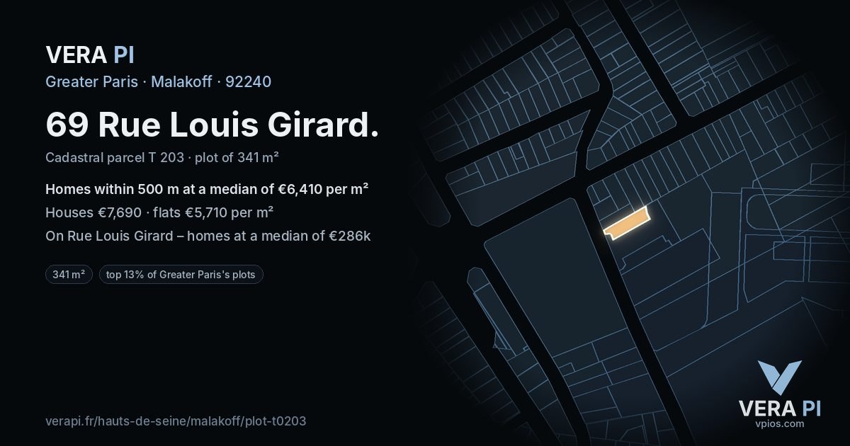 69 Rue Louis Girard, Malakoff at night – the plot lit, the parcels around coloured by the prices near them