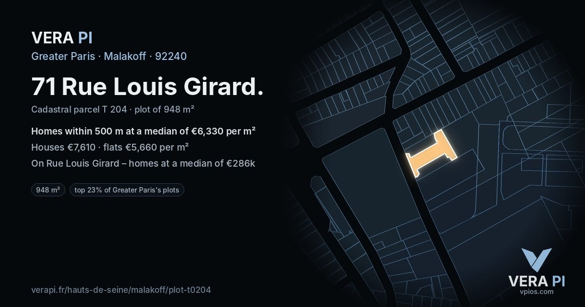 71 Rue Louis Girard, Malakoff at night – the plot lit, the parcels around coloured by the prices near them