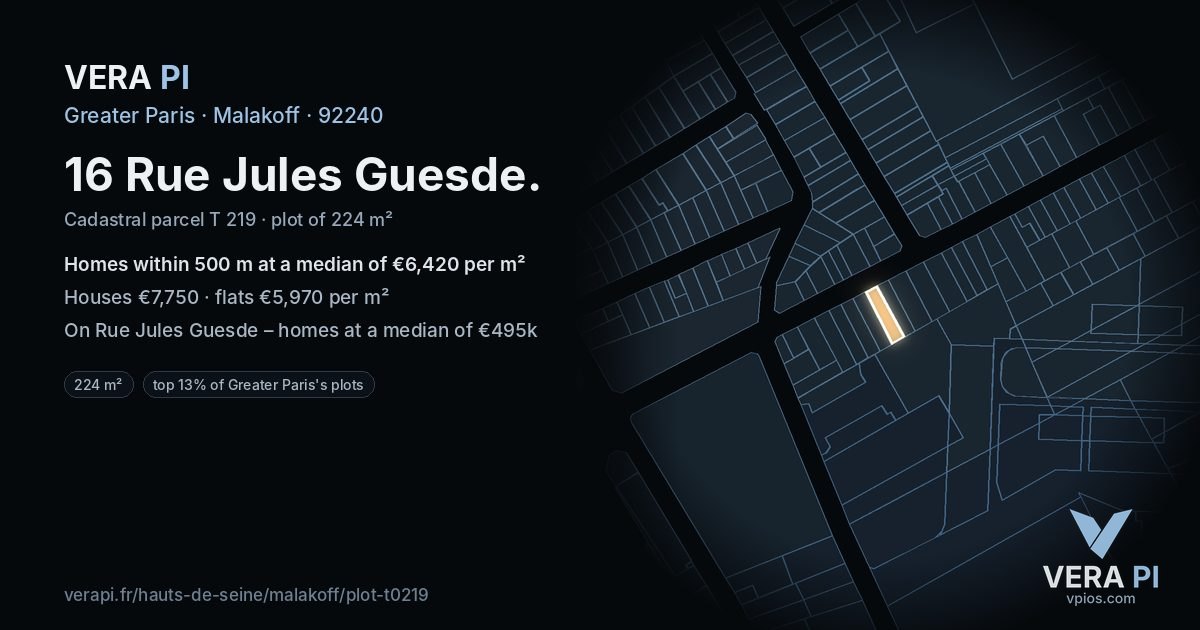 16 Rue Jules Guesde, Malakoff at night – the plot lit, the parcels around coloured by the prices near them