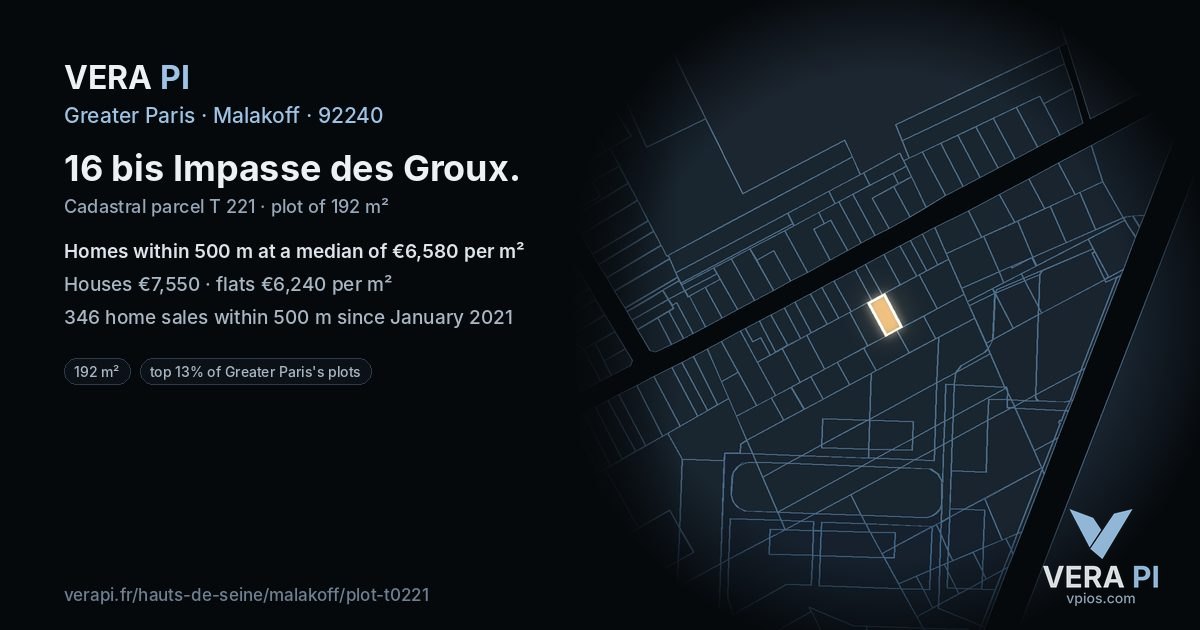 16 bis Impasse des Groux, Malakoff at night – the plot lit, the parcels around coloured by the prices near them
