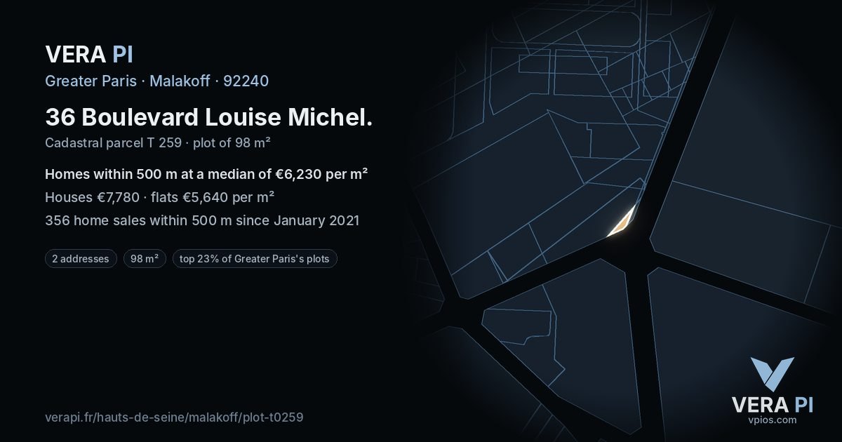 36 Boulevard Louise Michel, Malakoff at night – the plot lit, the parcels around coloured by the prices near them
