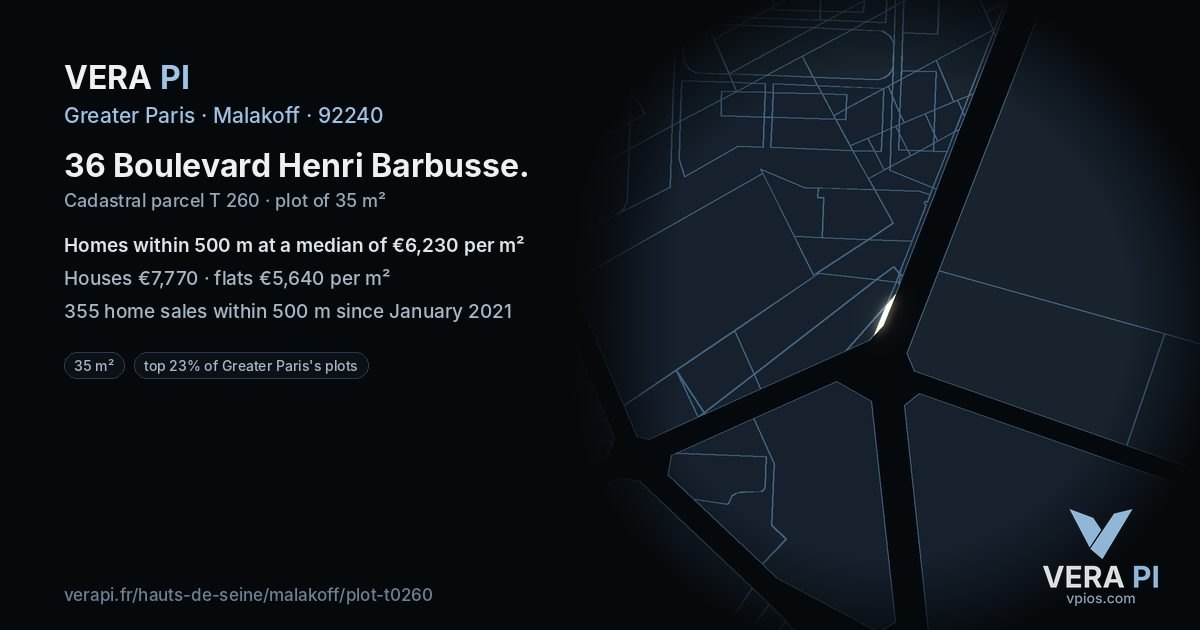 36 Boulevard Henri Barbusse, Malakoff at night – the plot lit, the parcels around coloured by the prices near them