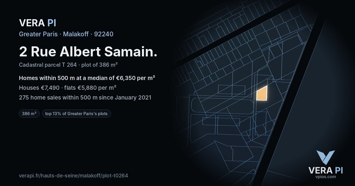2 Rue Albert Samain, Malakoff at night – the plot lit, the parcels around coloured by the prices near them