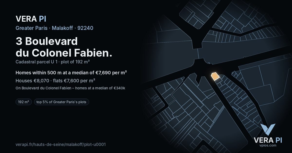 3 Boulevard du Colonel Fabien, Malakoff at night – the plot lit, the parcels around coloured by the prices near them