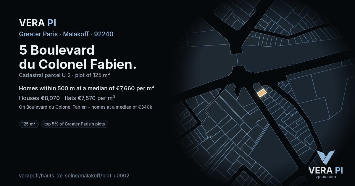 5 Boulevard du Colonel Fabien, Malakoff at night – the plot lit, the parcels around coloured by the prices near them