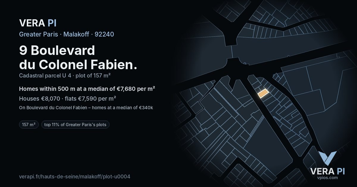 9 Boulevard du Colonel Fabien, Malakoff at night – the plot lit, the parcels around coloured by the prices near them