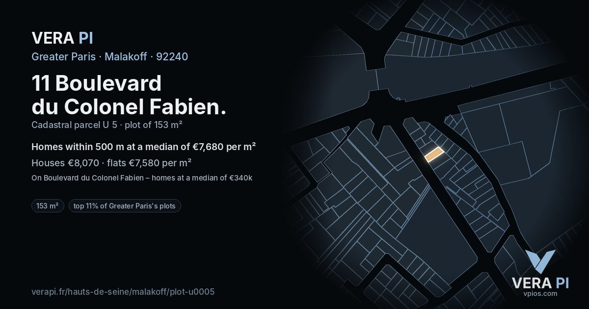 11 Boulevard du Colonel Fabien, Malakoff at night – the plot lit, the parcels around coloured by the prices near them