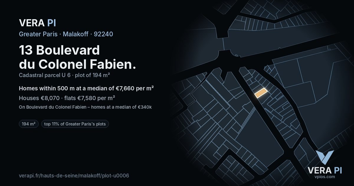 13 Boulevard du Colonel Fabien, Malakoff at night – the plot lit, the parcels around coloured by the prices near them