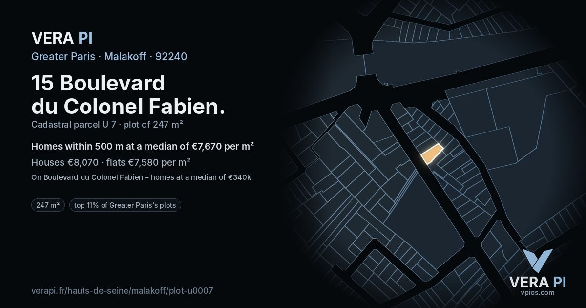 15 Boulevard du Colonel Fabien, Malakoff at night – the plot lit, the parcels around coloured by the prices near them