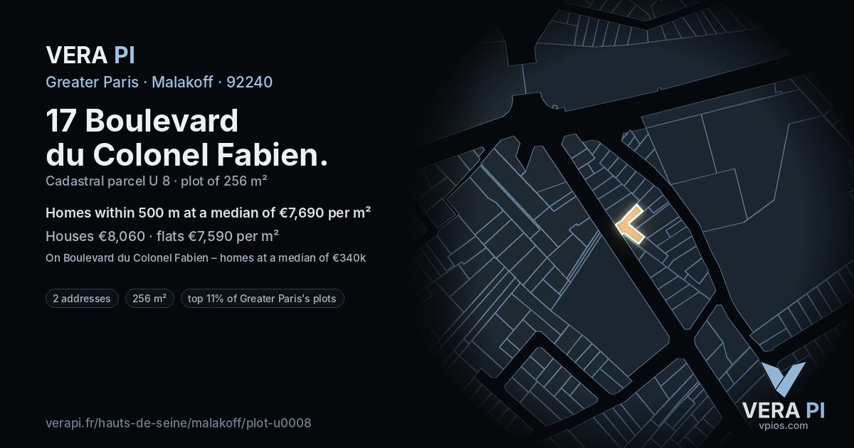17 Boulevard du Colonel Fabien, Malakoff at night – the plot lit, the parcels around coloured by the prices near them